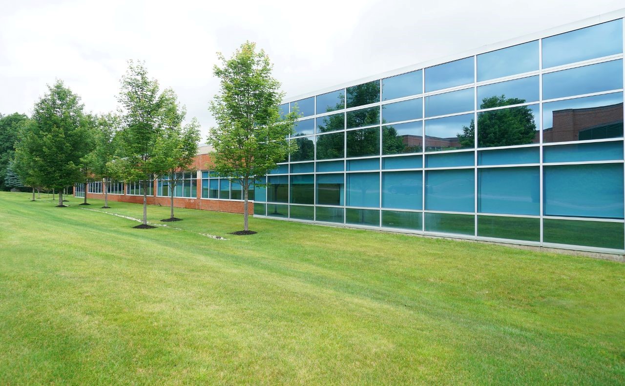 Trees in front of an office building