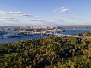 Aerial view of Edmonton Walterdale bridge and park