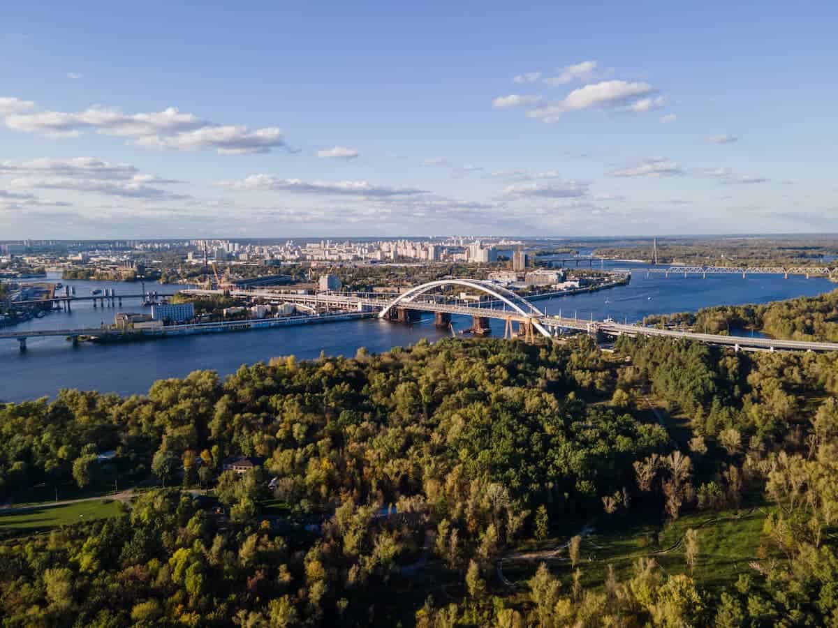 aerial view of Edmonton Walterdale bridge and park